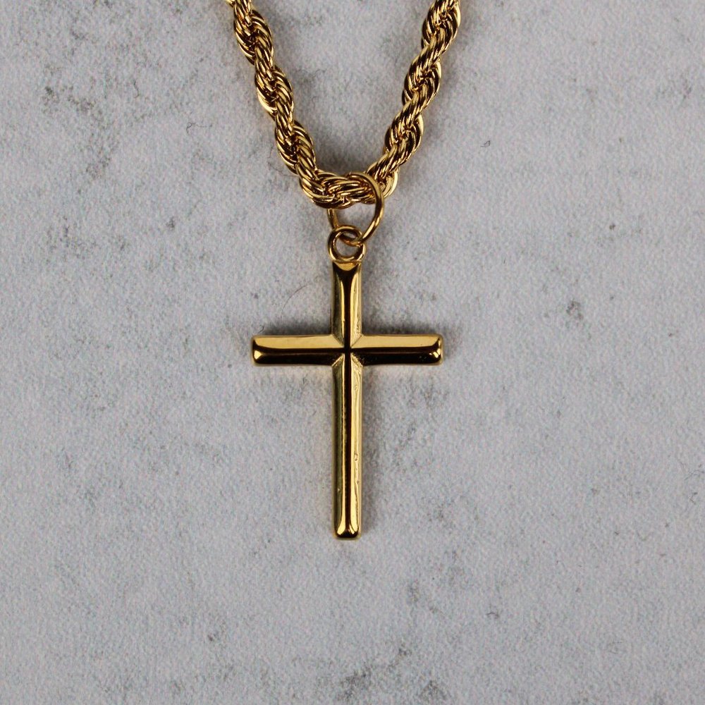 Gold Cross Pendant With 3mm Rope Chain Necklace